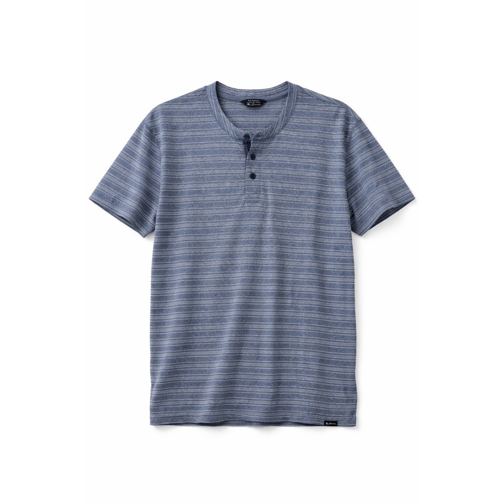 Bob Sherman Henley Shirt Men Blue Heather‎ Striped Cotton Minimalist Coastal Tee
